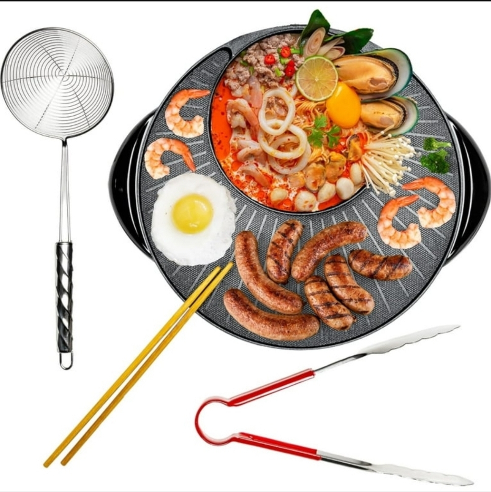 OVENTE Electric Hot Pot and Grill Combo, 2-in-1 Portable Countertop Cooker, Blac